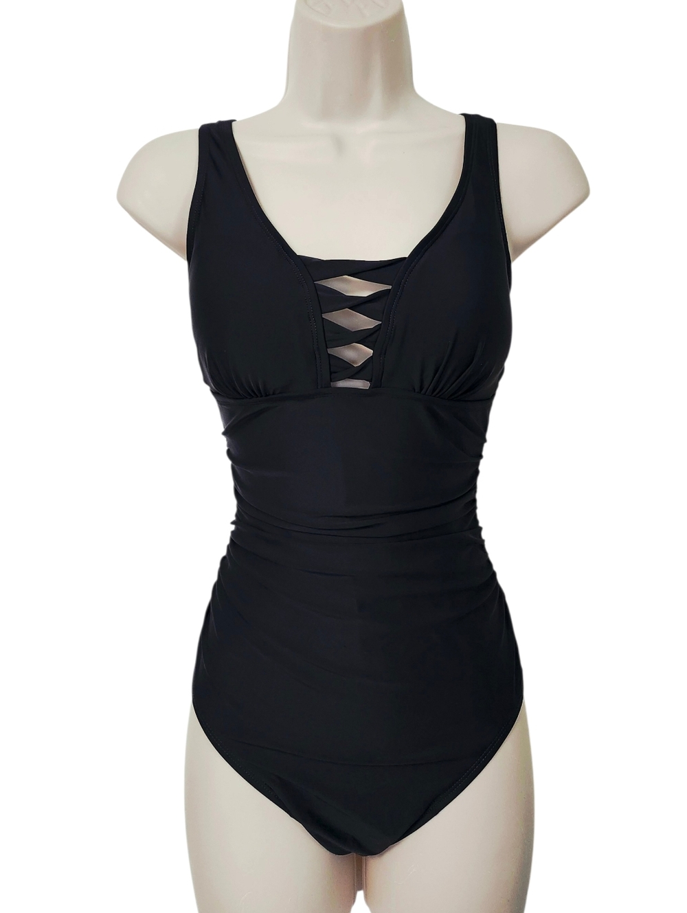 Simon Chang size 10 Black Crisscross Front One Piece Swimsuit Women